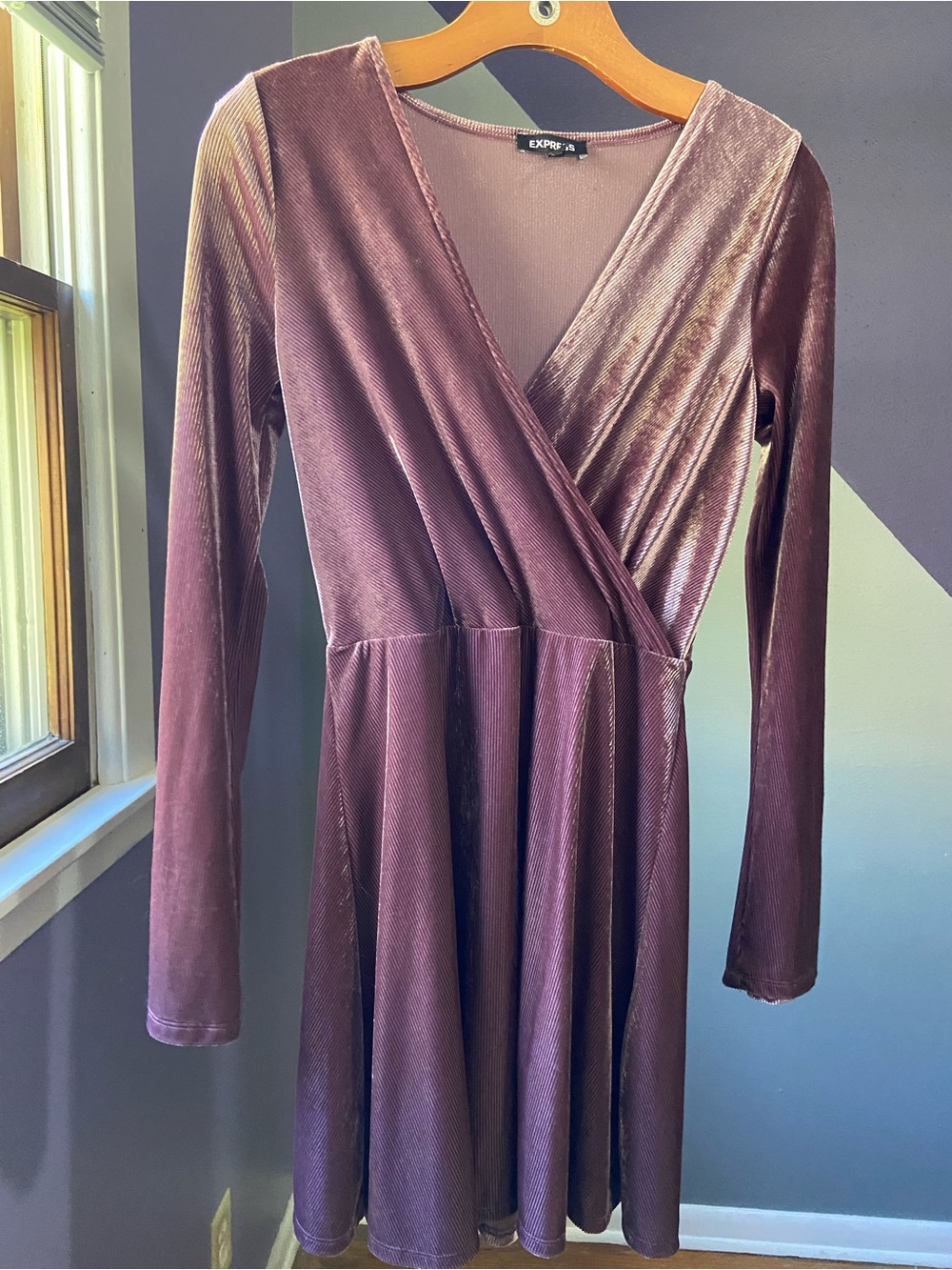 Express Velvet Long-Sleeve Wrap Skater Dress - Plum